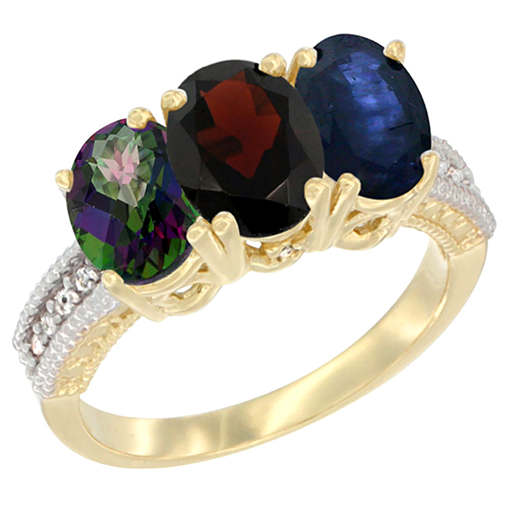 14K Yellow Gold Natural Mystic Topaz, Garnet & Blue Sapphire Ring 3-Stone 7x5 mm Oval Diamond Accent, sizes 5 - 10