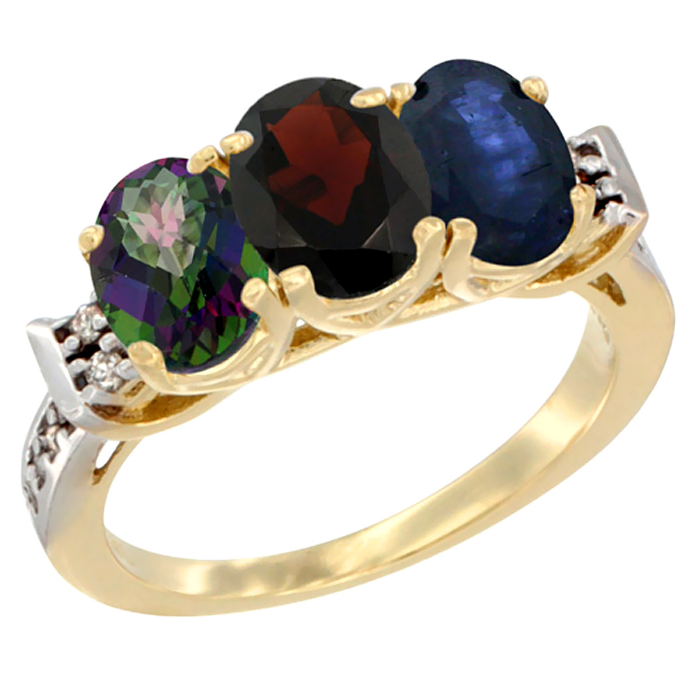 14K Yellow Gold Natural Mystic Topaz, Garnet & Blue Sapphire Ring 3-Stone Oval 7x5 mm Diamond Accent, sizes 5 - 10