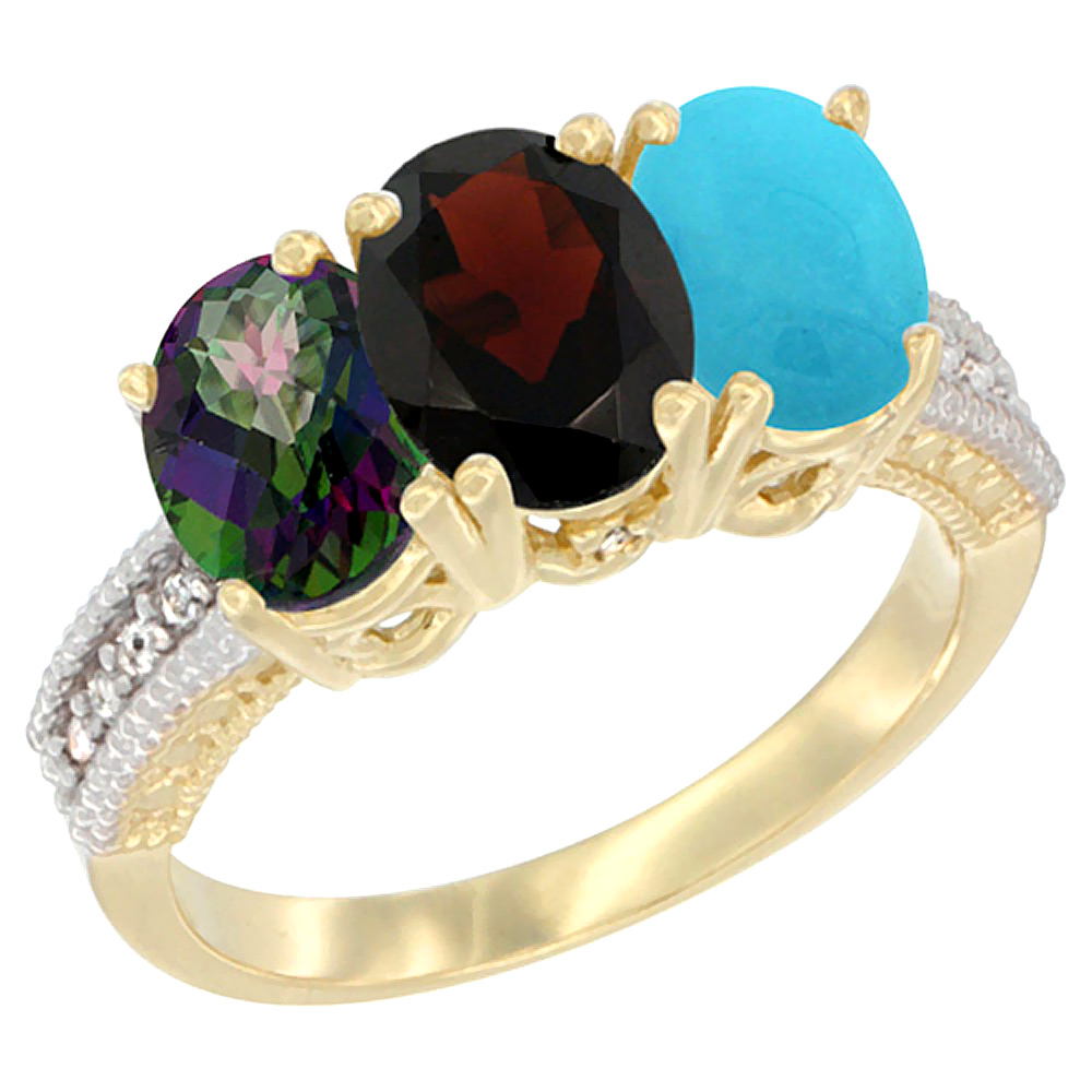 14K Yellow Gold Natural Mystic Topaz, Garnet & Turquoise Ring 3-Stone 7x5 mm Oval Diamond Accent, sizes 5 - 10