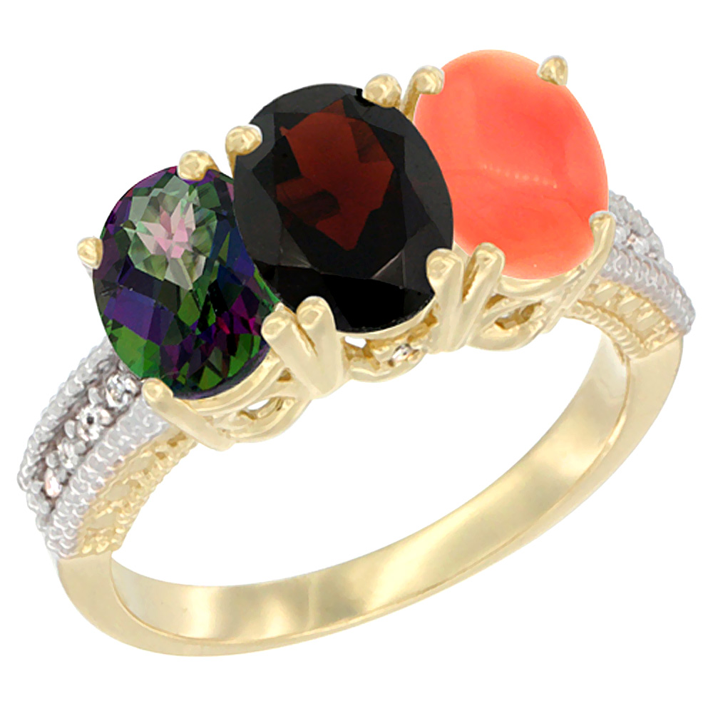 14K Yellow Gold Natural Mystic Topaz, Garnet & Coral Ring 3-Stone 7x5 mm Oval Diamond Accent, sizes 5 - 10