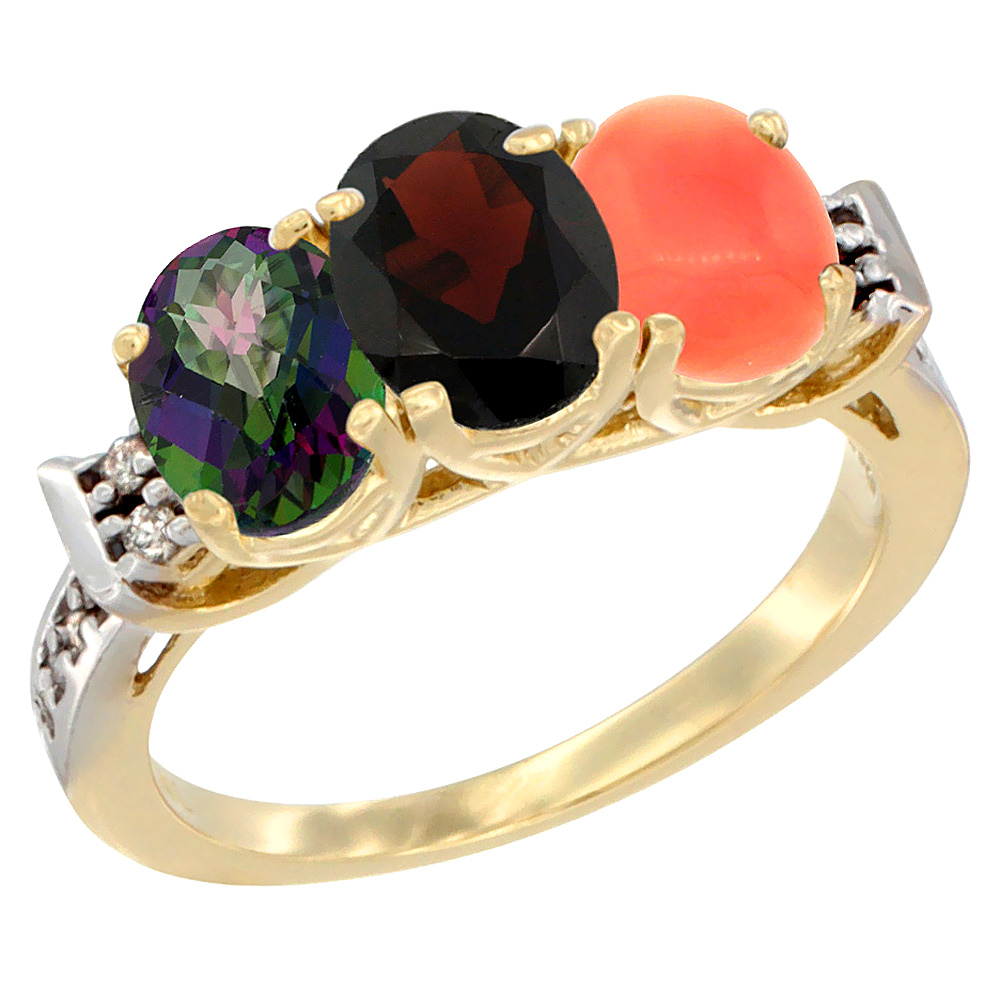 10K Yellow Gold Natural Mystic Topaz, Garnet & Coral Ring 3-Stone Oval 7x5 mm Diamond Accent, sizes 5 - 10
