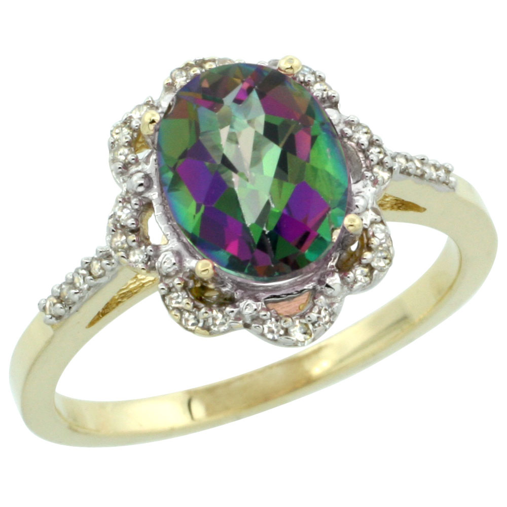 14K Yellow Gold Natural Diamond Halo Mystic Topaz Engagement Ring Oval 9x7mm, sizes 5-10
