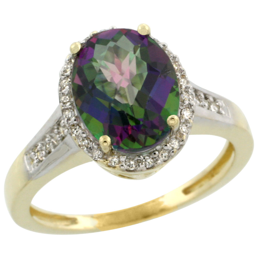 10K Yellow Gold Natural Diamond Mystic Topaz Engagement Ring Oval 10x8mm, sizes 5-10