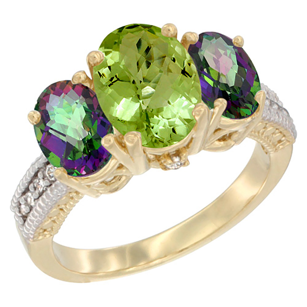 14K Yellow Gold Diamond Natural Peridot Ring 3-Stone Oval 8x6mm with Mystic Topaz, sizes5-10
