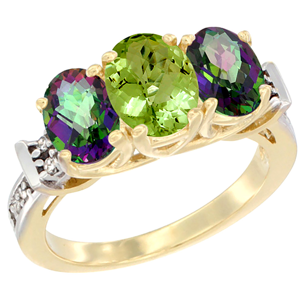 10K Yellow Gold Natural Peridot &amp; Mystic Topaz Sides Ring 3-Stone Oval Diamond Accent, sizes 5 - 10