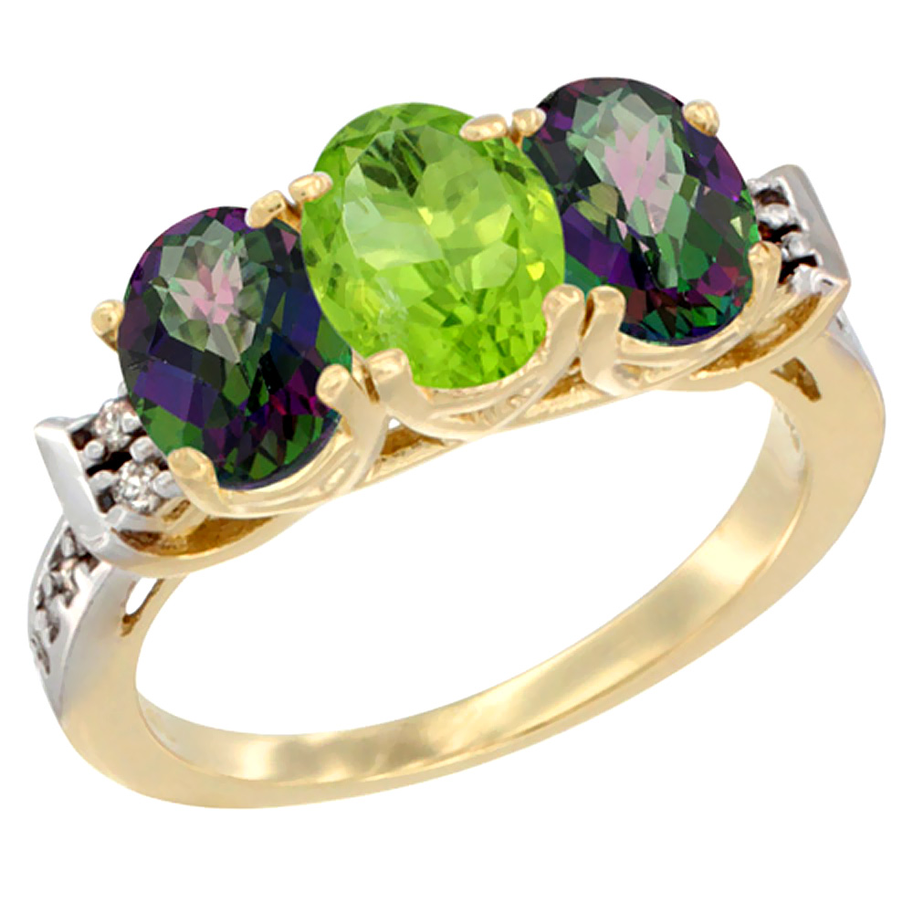 14K Yellow Gold Natural Peridot &amp; Mystic Topaz Sides Ring 3-Stone Oval 7x5 mm Diamond Accent, sizes 5 - 10