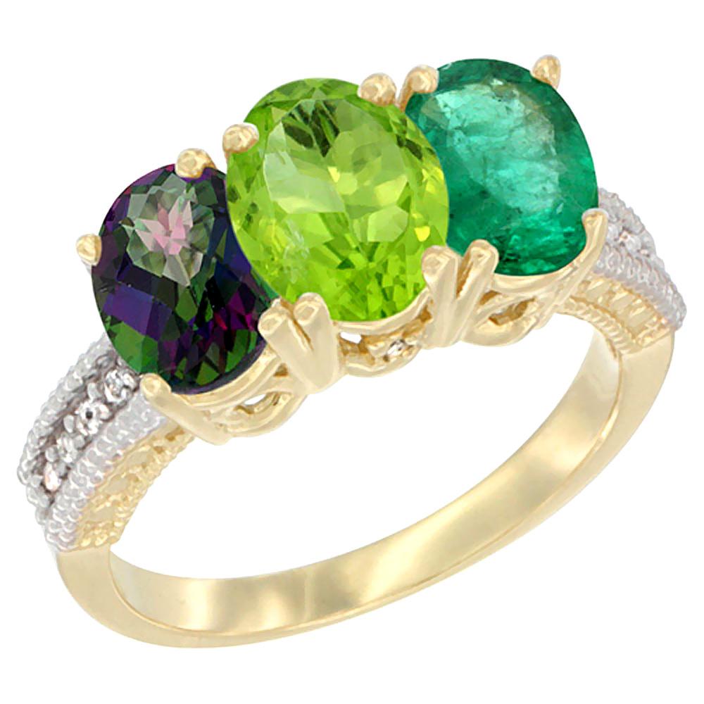 10K Yellow Gold Diamond Natural Mystic Topaz, Peridot & Emerald Ring 3-Stone 7x5 mm Oval, sizes 5 - 10