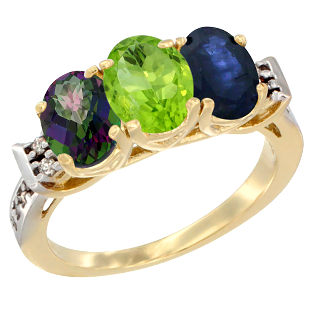10K Yellow Gold Natural Mystic Topaz, Peridot & Blue Sapphire Ring 3-Stone Oval 7x5 mm Diamond Accent, sizes 5 - 10