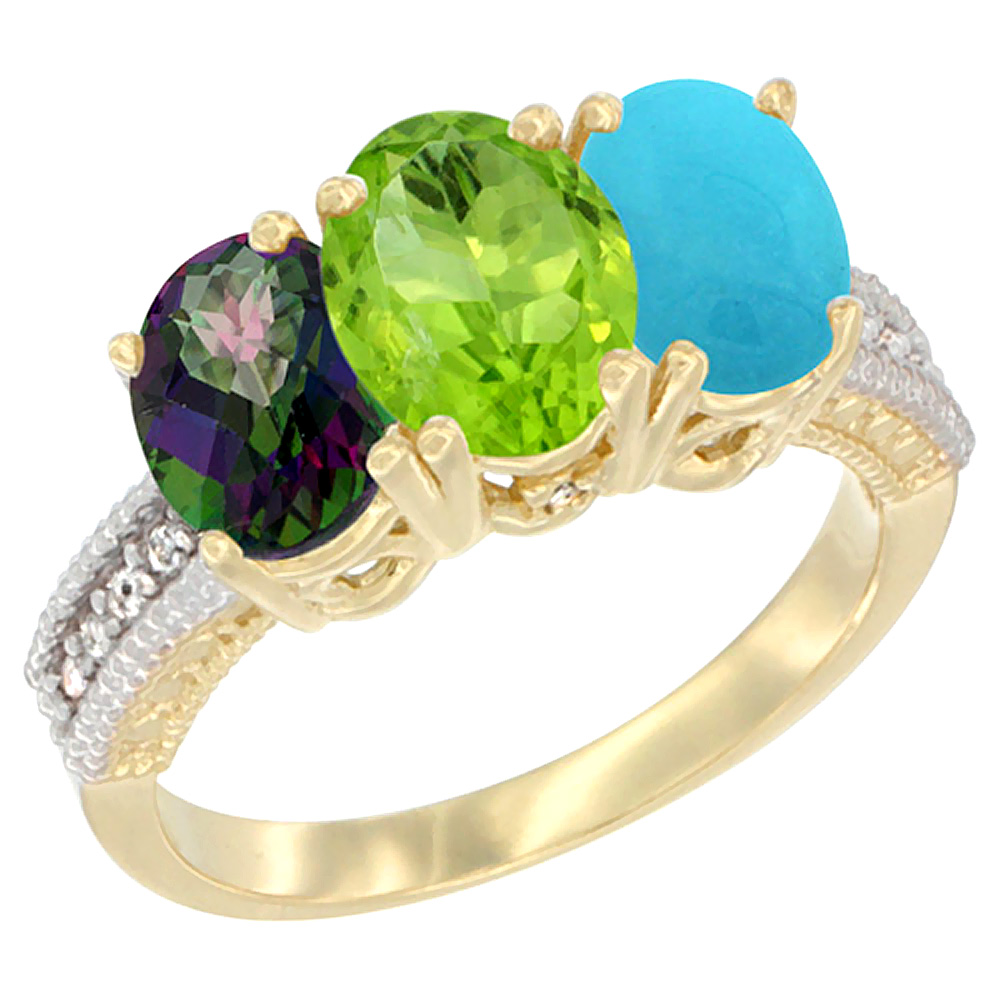 14K Yellow Gold Natural Mystic Topaz, Peridot & Turquoise Ring 3-Stone 7x5 mm Oval Diamond Accent, sizes 5 - 10