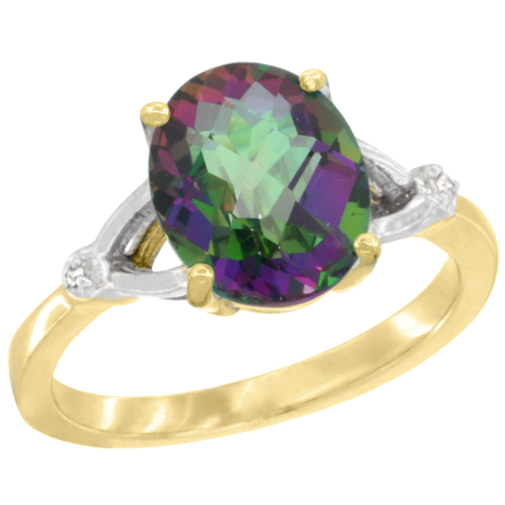 14K Yellow Gold Natural Diamond Mystic Topaz Engagement Ring Oval 10x8mm, sizes 5-10