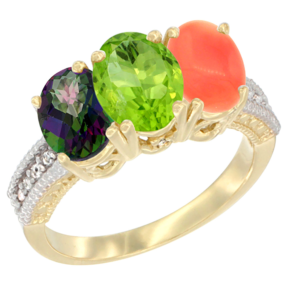 14K Yellow Gold Natural Mystic Topaz, Peridot &amp; Coral Ring 3-Stone 7x5 mm Oval Diamond Accent, sizes 5 - 10