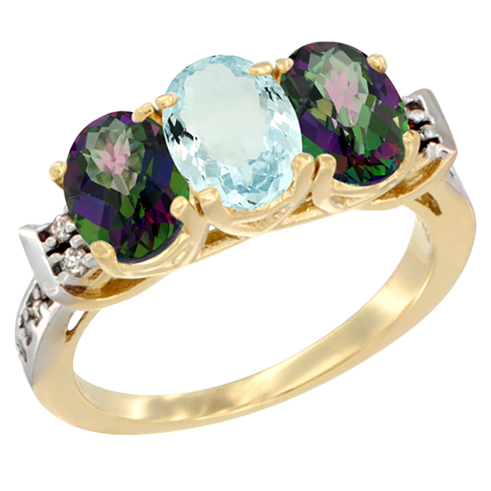 10K Yellow Gold Natural Aquamarine & Mystic Topaz Sides Ring 3-Stone Oval 7x5 mm Diamond Accent, sizes 5 - 10