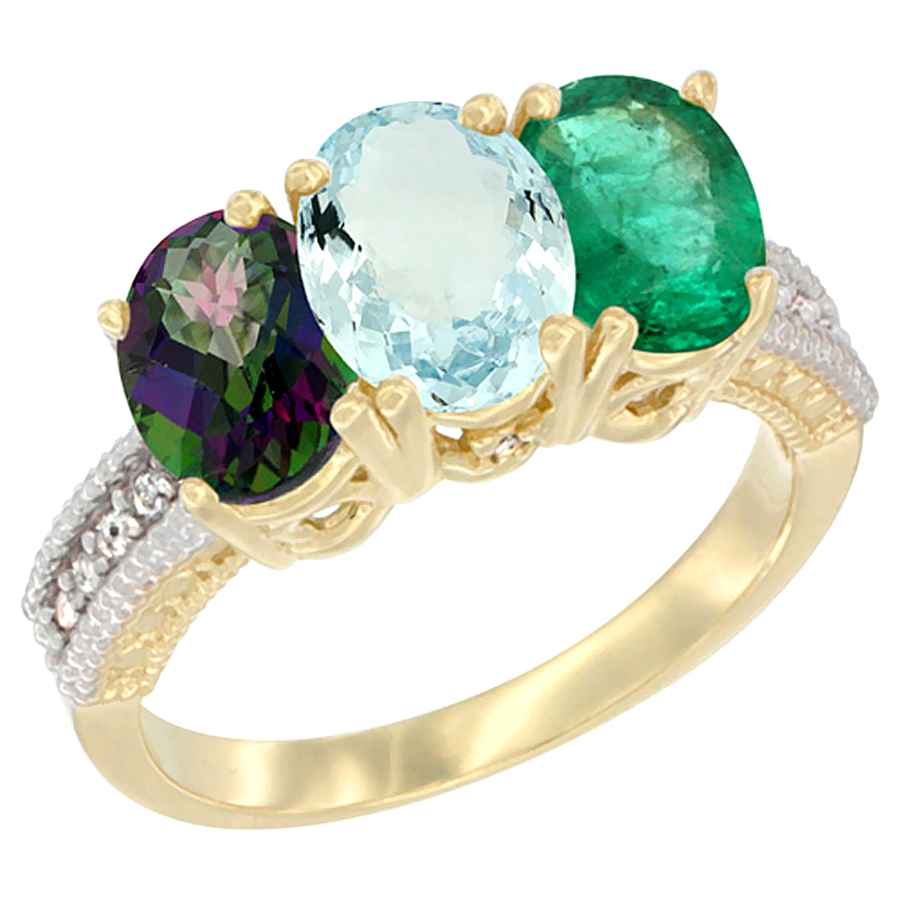 10K Yellow Gold Diamond Natural Mystic Topaz, Aquamarine &amp; Emerald Ring 3-Stone 7x5 mm Oval, sizes 5 - 10