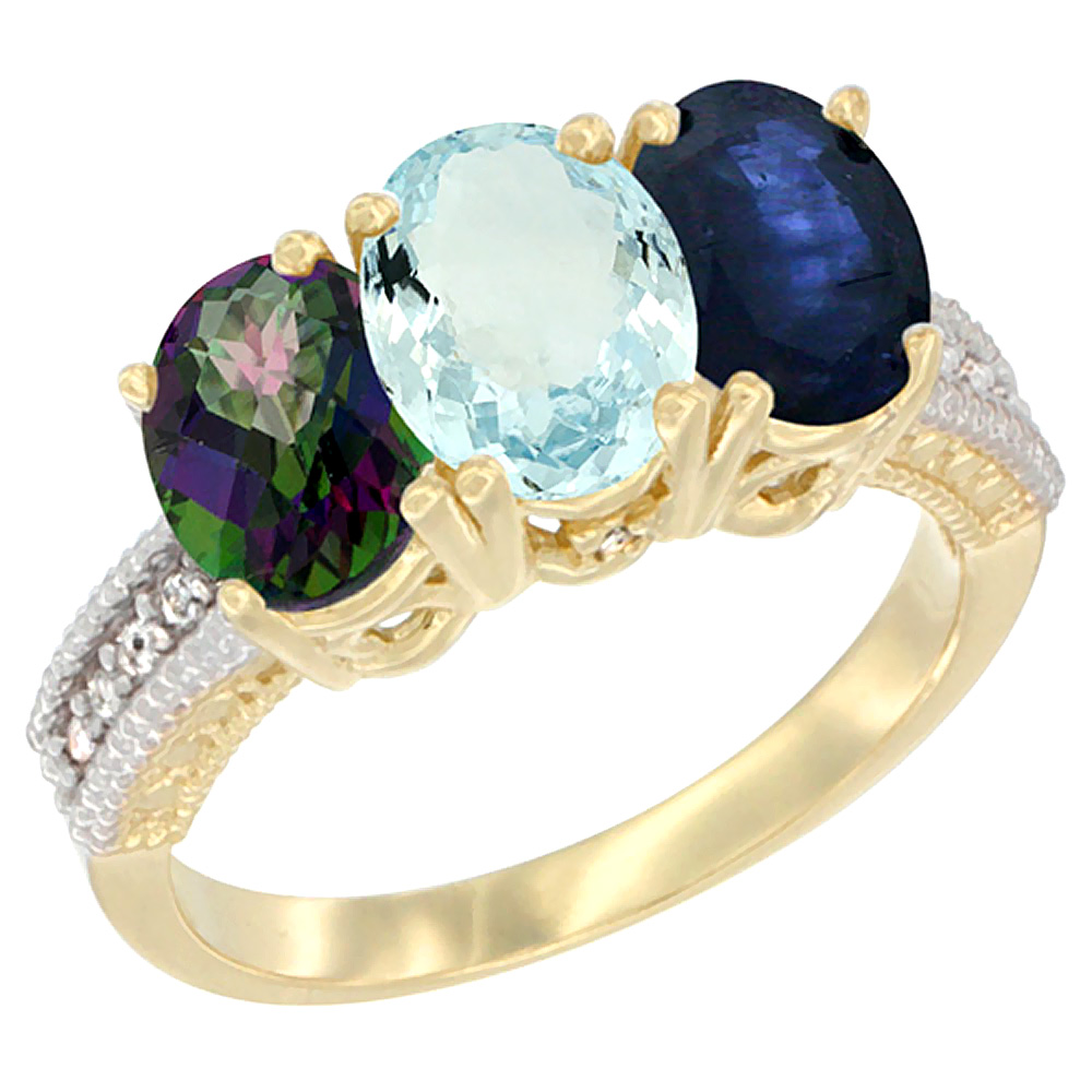 14K Yellow Gold Natural Mystic Topaz, Aquamarine &amp; Blue Sapphire Ring 3-Stone 7x5 mm Oval Diamond Accent, sizes 5 - 10