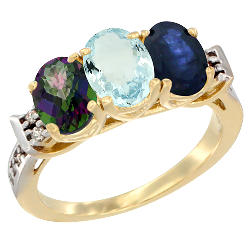 10K Yellow Gold Natural Mystic Topaz, Aquamarine & Blue Sapphire Ring 3-Stone Oval 7x5 mm Diamond Accent, sizes 5 - 10