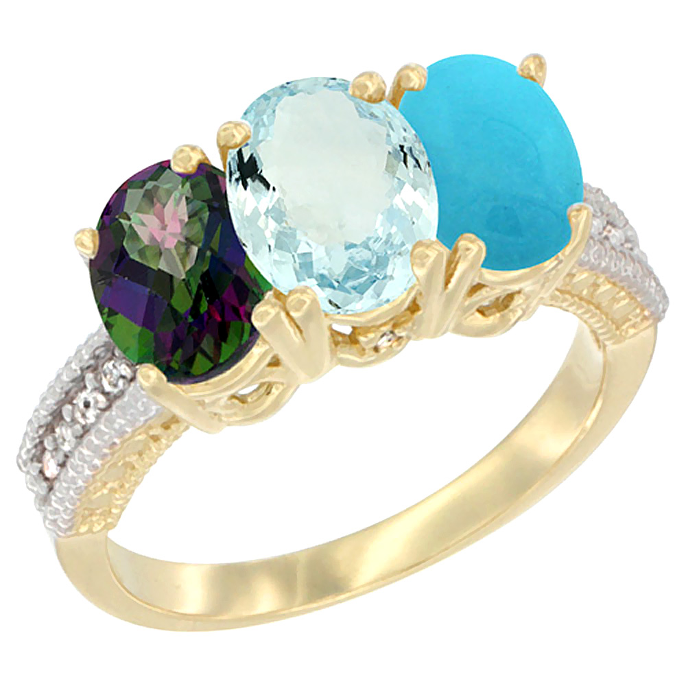 14K Yellow Gold Natural Mystic Topaz, Aquamarine & Turquoise Ring 3-Stone 7x5 mm Oval Diamond Accent, sizes 5 - 10