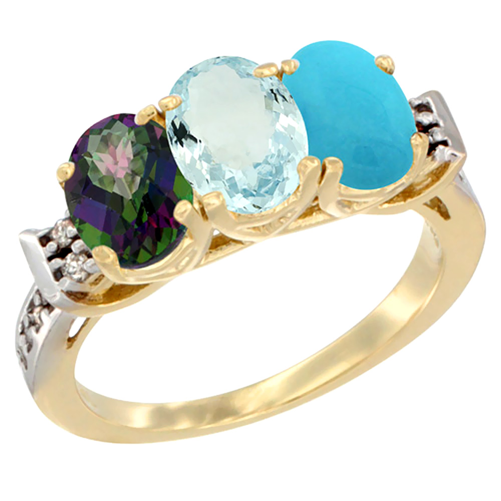 10K Yellow Gold Natural Mystic Topaz, Aquamarine & Turquoise Ring 3-Stone Oval 7x5 mm Diamond Accent, sizes 5 - 10