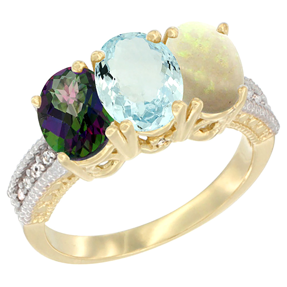 10K Yellow Gold Diamond Natural Mystic Topaz, Aquamarine &amp; Opal Ring 3-Stone 7x5 mm Oval, sizes 5 - 10