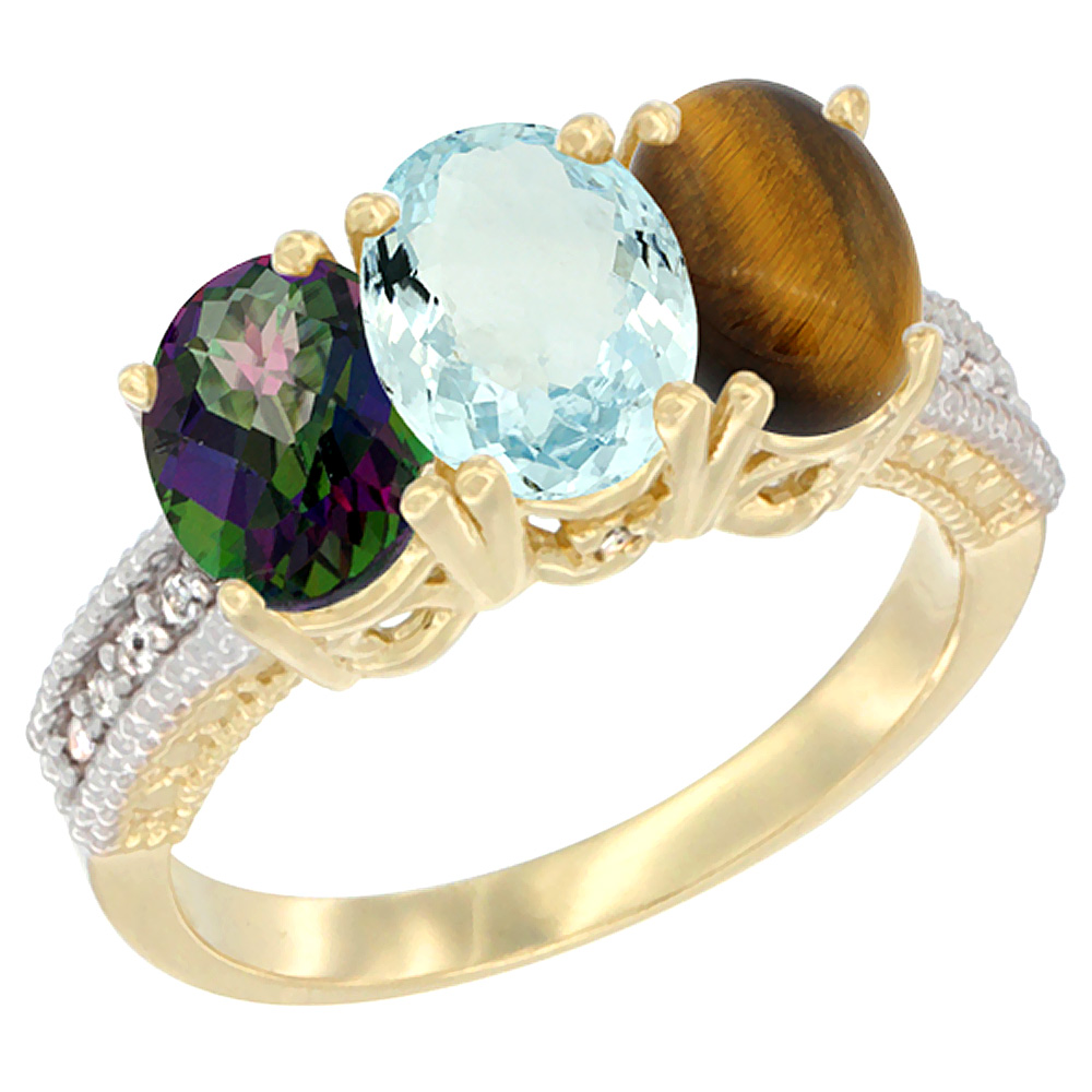 10K Yellow Gold Diamond Natural Mystic Topaz, Aquamarine & Tiger Eye Ring 3-Stone 7x5 mm Oval, sizes 5 - 10
