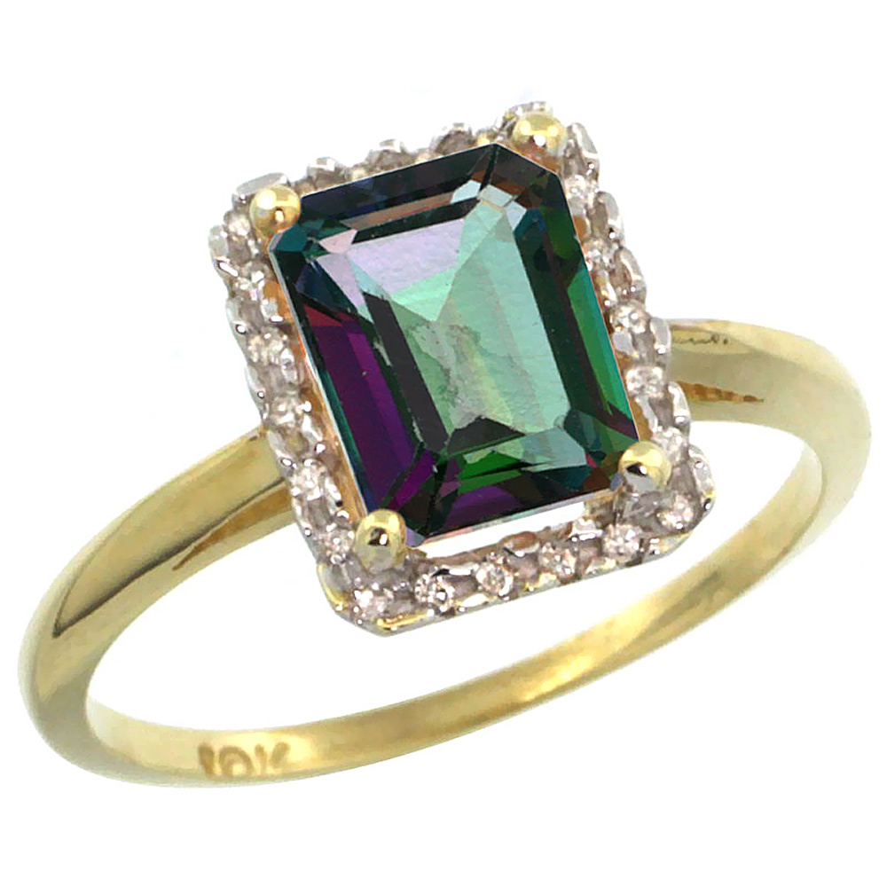 10K Yellow Gold Diamond Natural Mystic Topaz Ring Emerald-cut 8x6mm, sizes 5-10