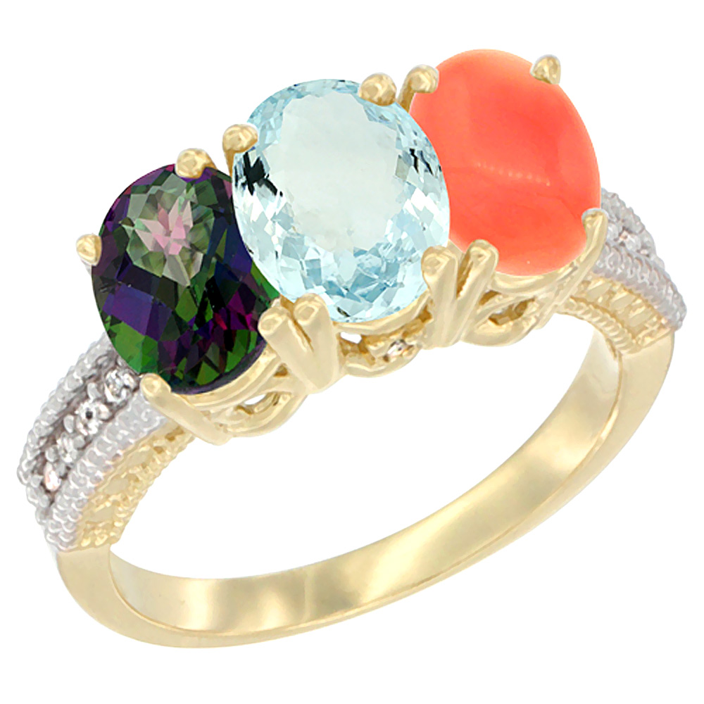 14K Yellow Gold Natural Mystic Topaz, Aquamarine & Coral Ring 3-Stone 7x5 mm Oval Diamond Accent, sizes 5 - 10