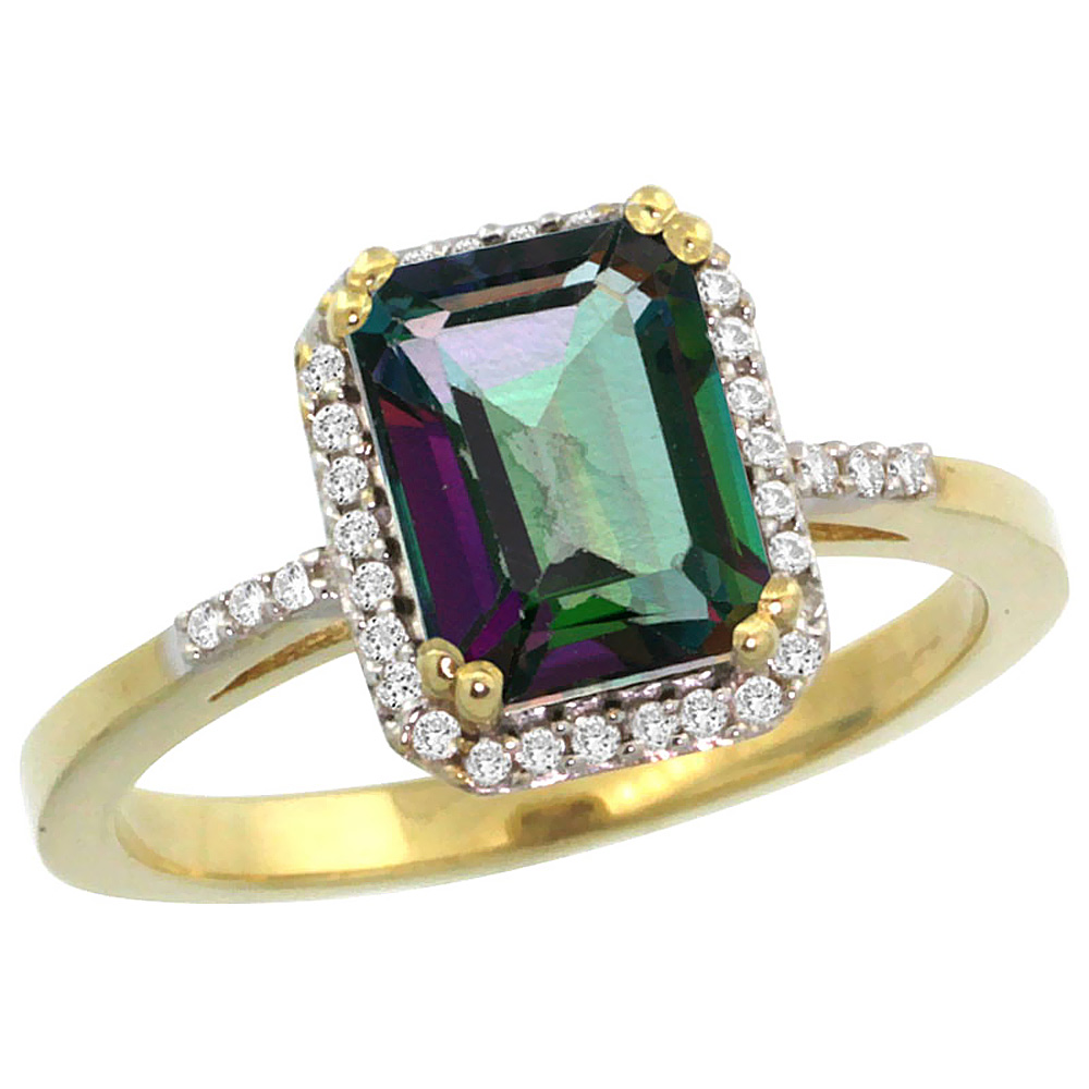 10K Yellow Gold Diamond Natural Mystic Topaz Ring Emerald-cut 8x6mm, sizes 5-10