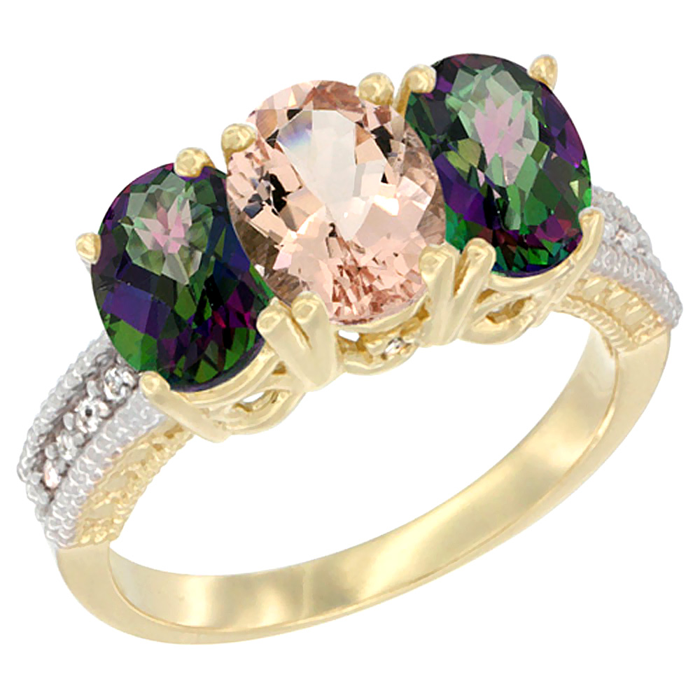 14K Yellow Gold Natural Morganite &amp; Mystic Topaz Ring 3-Stone 7x5 mm Oval Diamond Accent, sizes 5 - 10