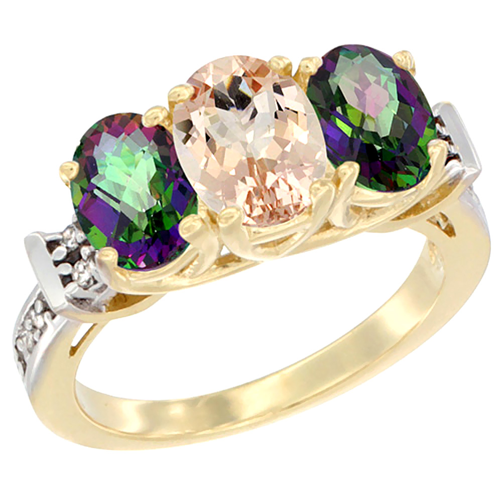 10K Yellow Gold Natural Morganite &amp; Mystic Topaz Sides Ring 3-Stone Oval Diamond Accent, sizes 5 - 10