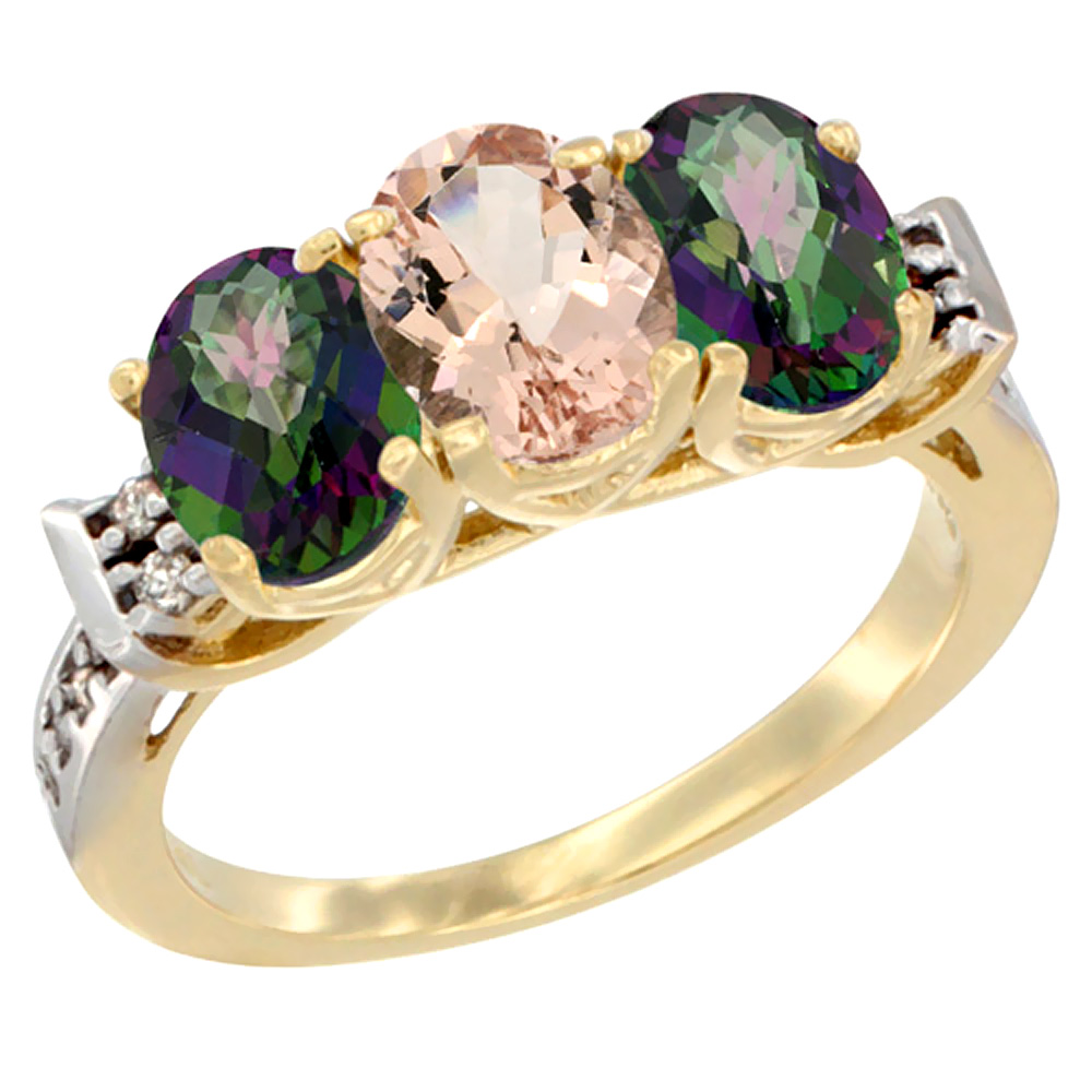 14K Yellow Gold Natural Morganite &amp; Mystic Topaz Sides Ring 3-Stone Oval 7x5 mm Diamond Accent, sizes 5 - 10