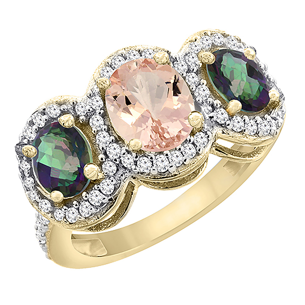 14K Yellow Gold Natural Morganite &amp; Mystic Topaz 3-Stone Ring Oval Diamond Accent, sizes 5 - 10
