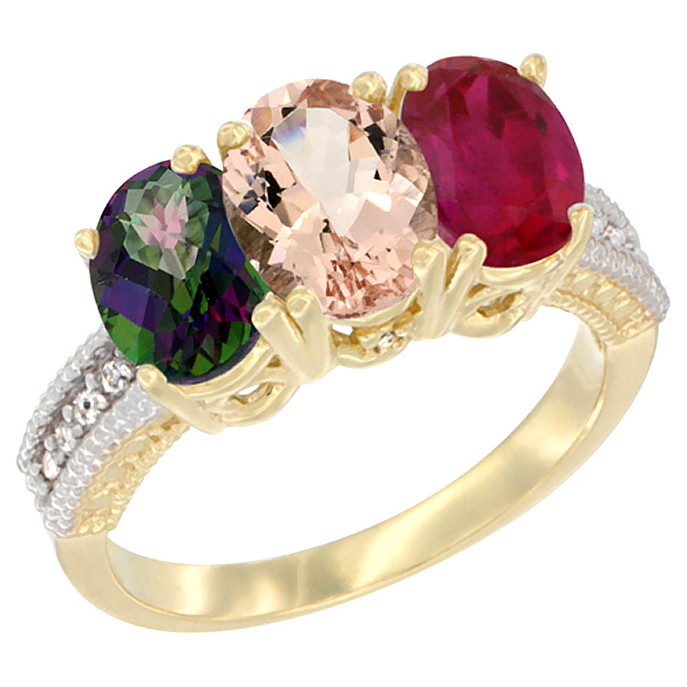 14K Yellow Gold Natural Mystic Topaz, Morganite & Enhanced Ruby Ring 3-Stone 7x5 mm Oval Diamond Accent, sizes 5 - 10