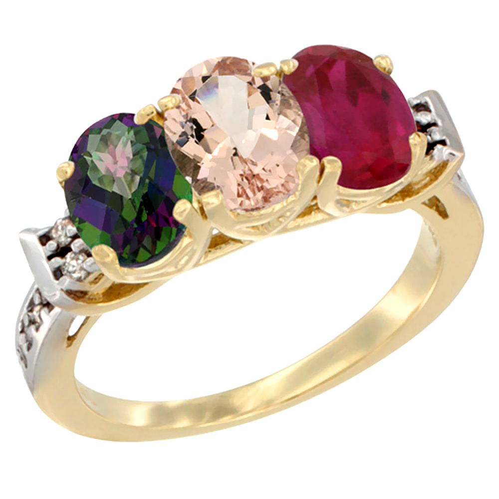 14K Yellow Gold Natural Mystic Topaz, Morganite &amp; Enhanced Ruby Ring 3-Stone Oval 7x5 mm Diamond Accent, sizes 5 - 10