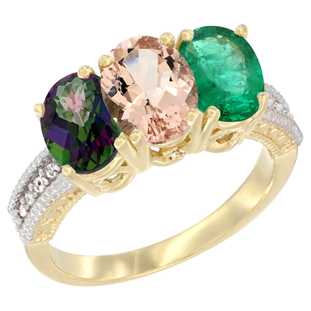 14K Yellow Gold Natural Mystic Topaz, Morganite &amp; Emerald Ring 3-Stone 7x5 mm Oval Diamond Accent, sizes 5 - 10