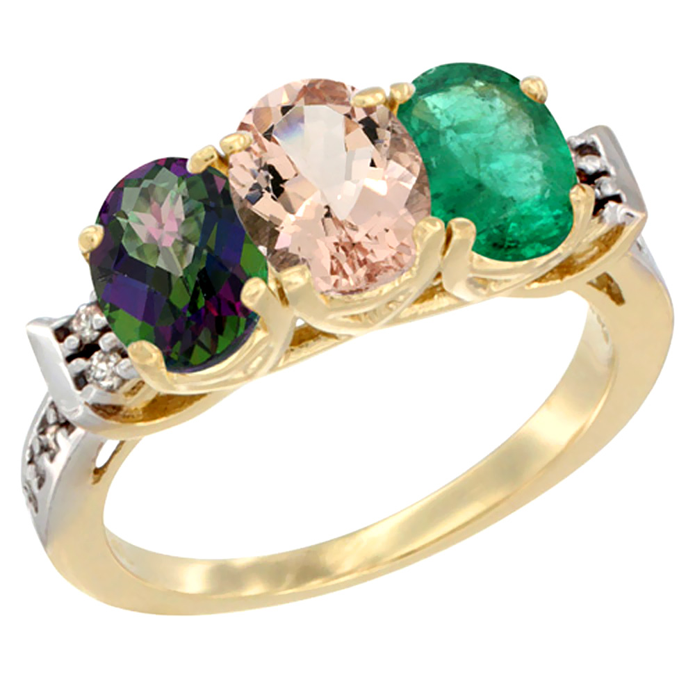 10K Yellow Gold Natural Mystic Topaz, Morganite & Emerald Ring 3-Stone Oval 7x5 mm Diamond Accent, sizes 5 - 10