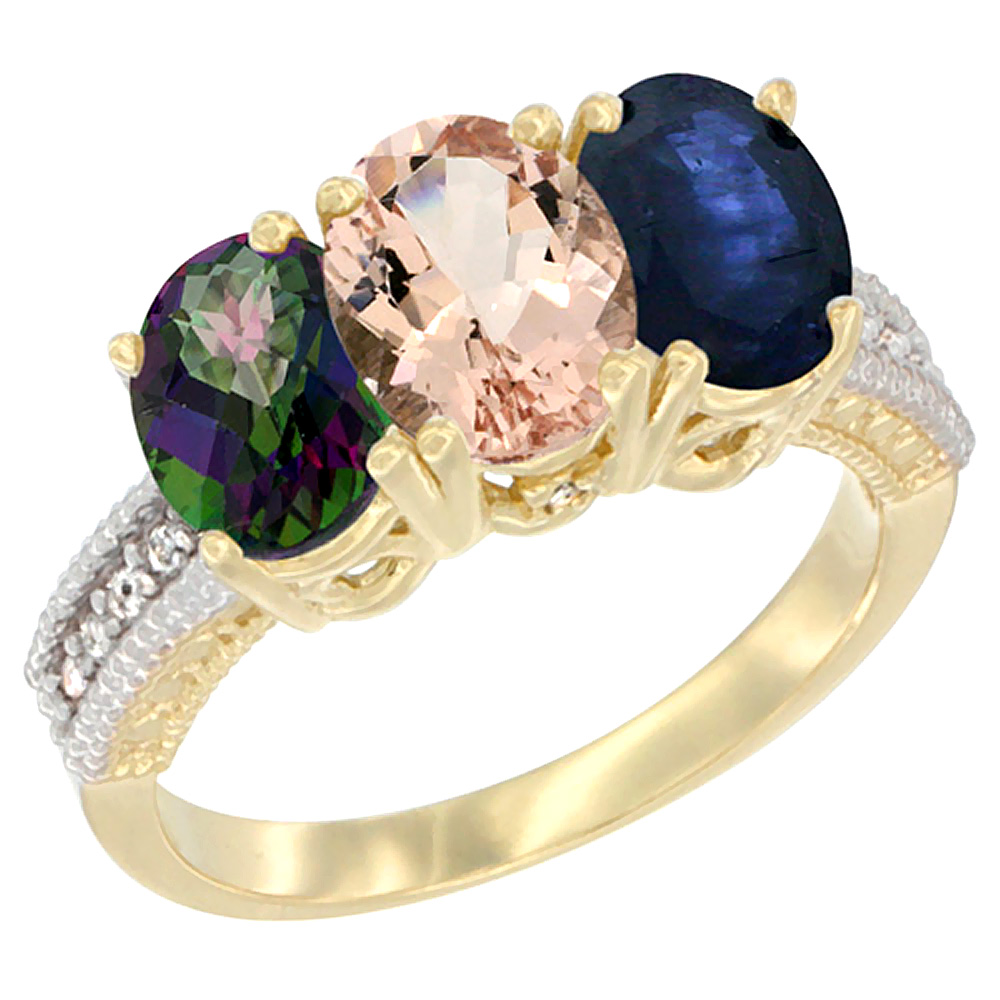 14K Yellow Gold Natural Mystic Topaz, Morganite &amp; Blue Sapphire Ring 3-Stone 7x5 mm Oval Diamond Accent, sizes 5 - 10