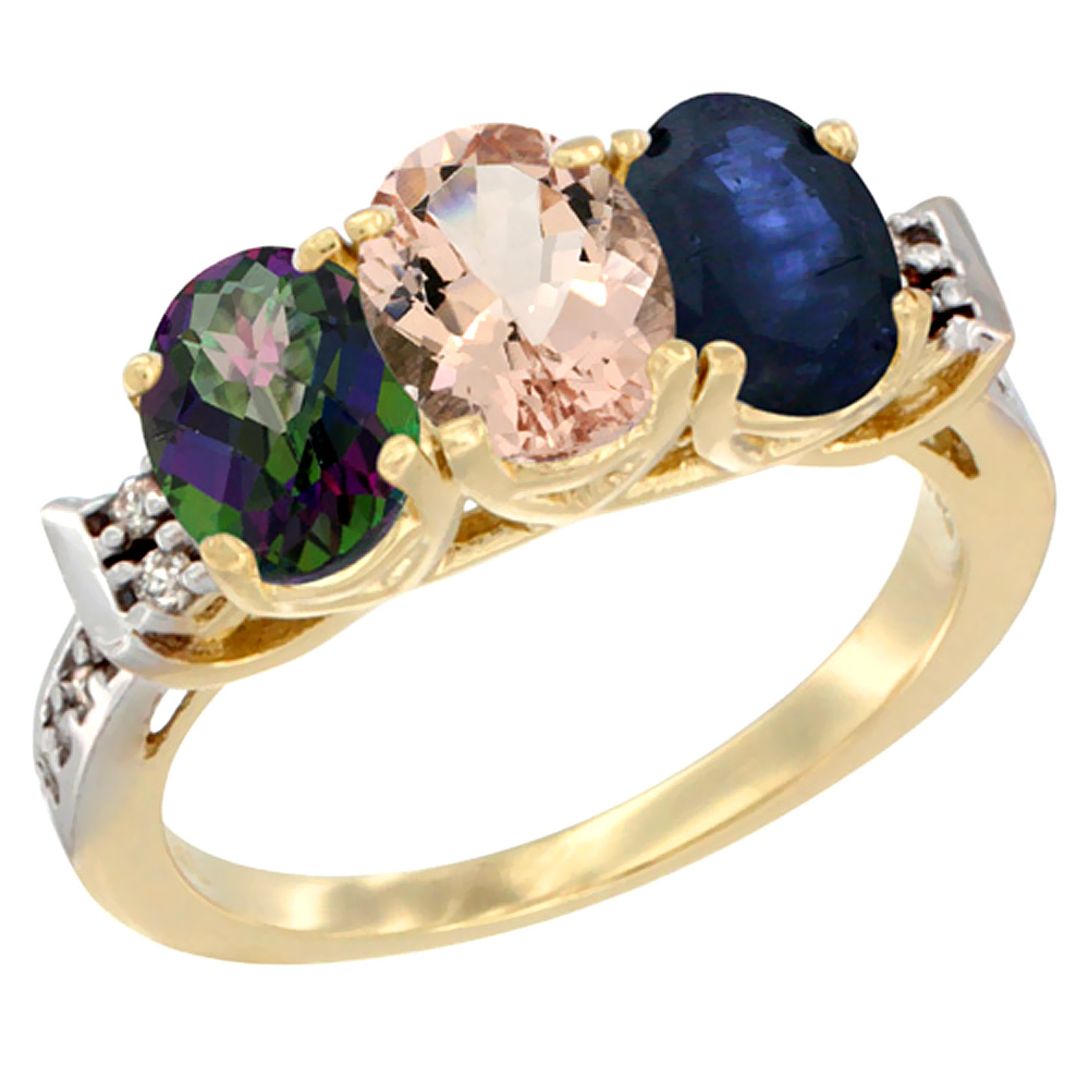 10K Yellow Gold Natural Mystic Topaz, Morganite &amp; Blue Sapphire Ring 3-Stone Oval 7x5 mm Diamond Accent, sizes 5 - 10