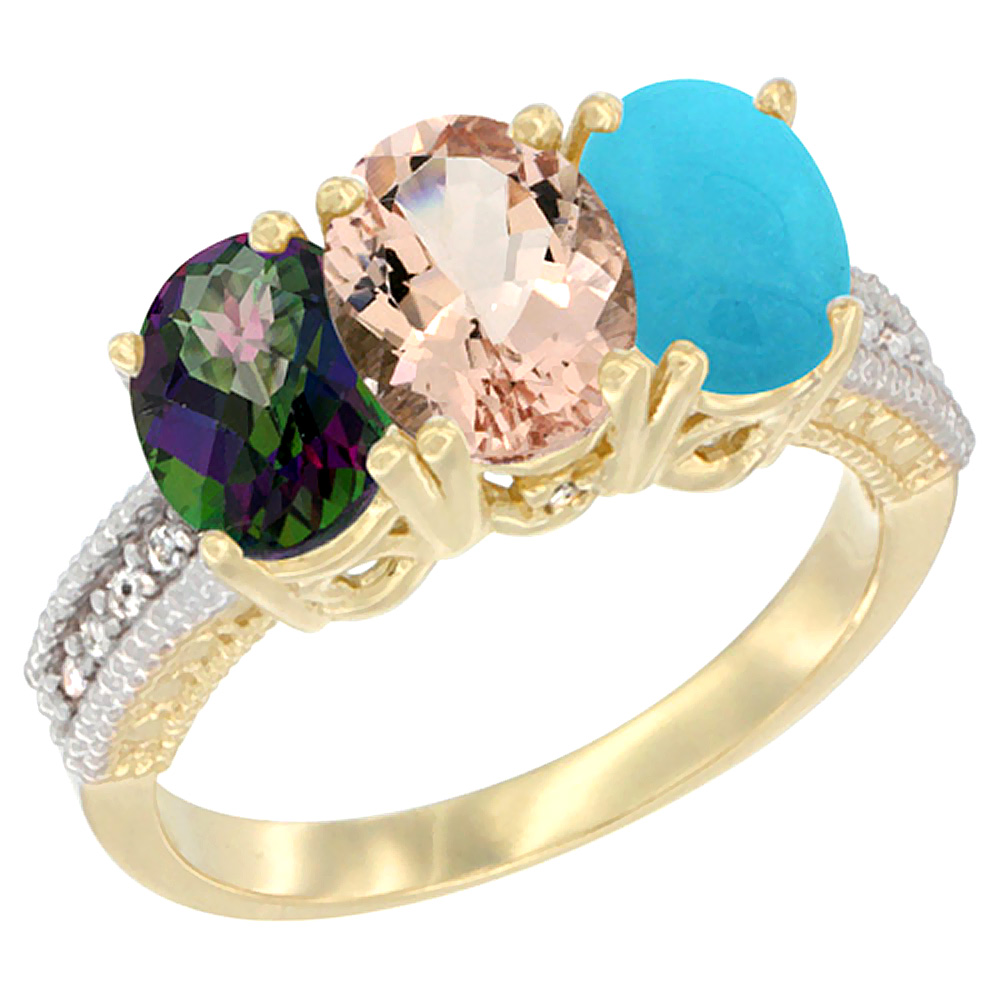 10K Yellow Gold Diamond Natural Mystic Topaz, Morganite & Turquoise Ring 3-Stone 7x5 mm Oval, sizes 5 - 10