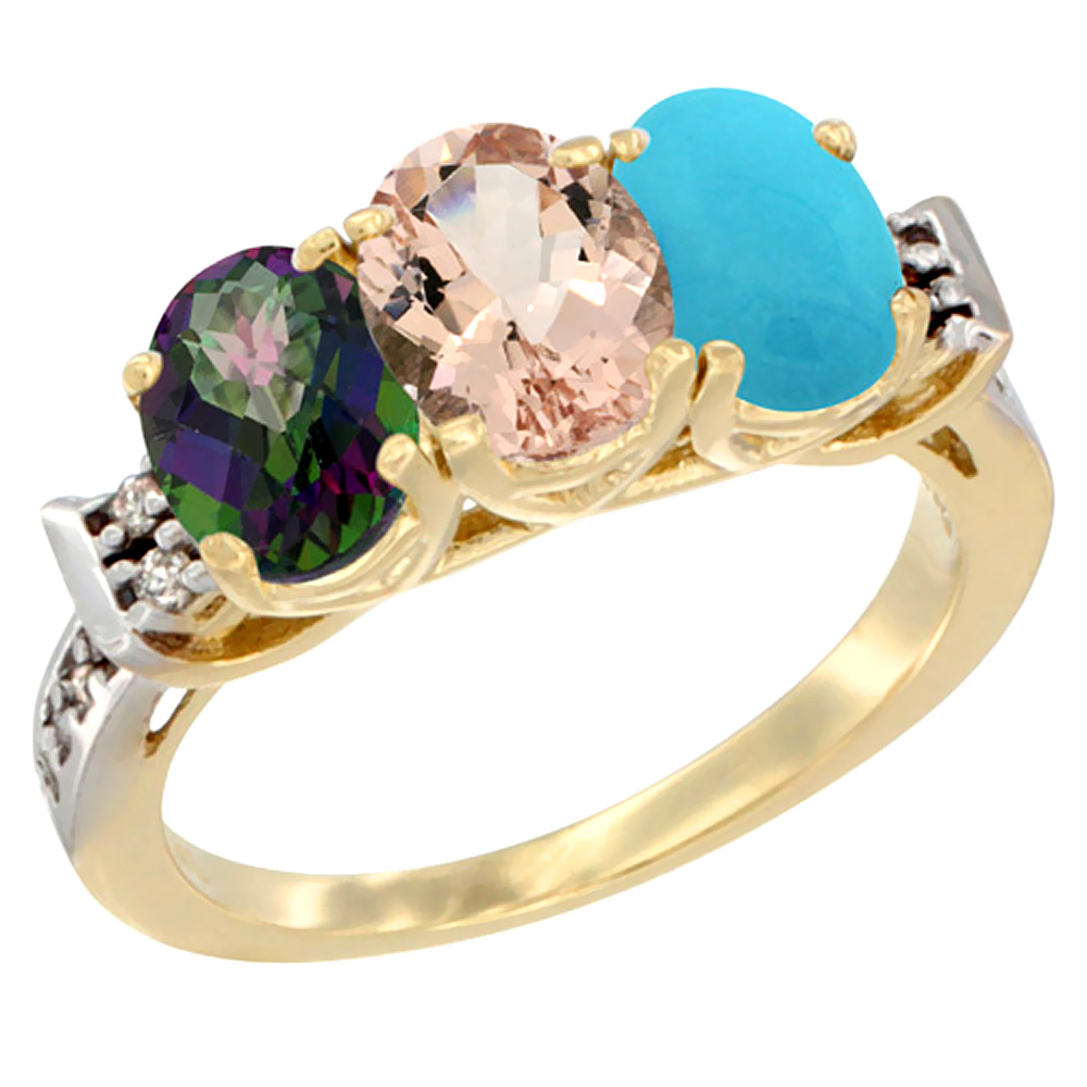14K Yellow Gold Natural Mystic Topaz, Morganite &amp; Turquoise Ring 3-Stone Oval 7x5 mm Diamond Accent, sizes 5 - 10