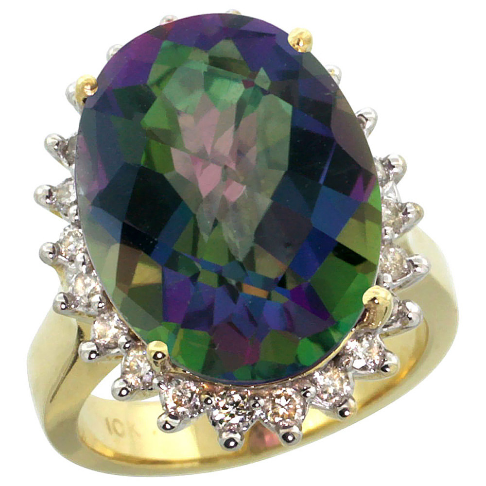 14k Yellow Gold Diamond Halo Natural Mystic Topaz Ring Large Oval 18x13mm, sizes 5-10