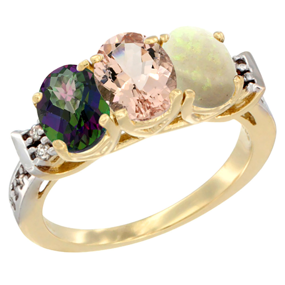 10K Yellow Gold Natural Mystic Topaz, Morganite & Opal Ring 3-Stone Oval 7x5 mm Diamond Accent, sizes 5 - 10