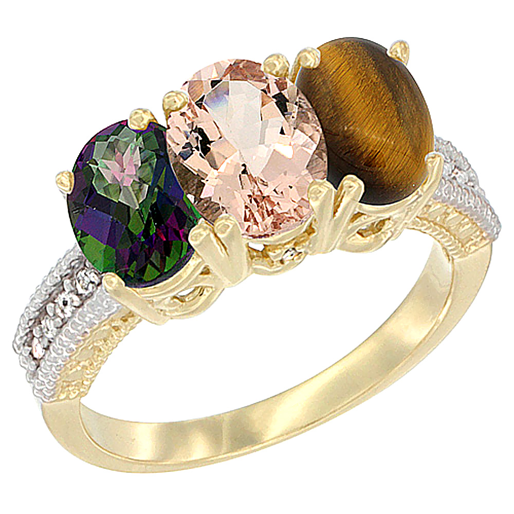 14K Yellow Gold Natural Mystic Topaz, Morganite & Tiger Eye Ring 3-Stone 7x5 mm Oval Diamond Accent, sizes 5 - 10