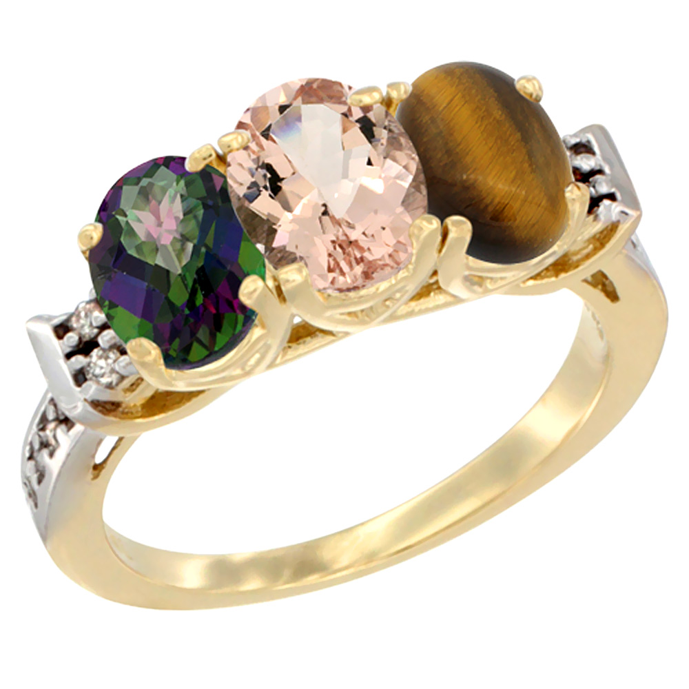 10K Yellow Gold Natural Mystic Topaz, Morganite & Tiger Eye Ring 3-Stone Oval 7x5 mm Diamond Accent, sizes 5 - 10