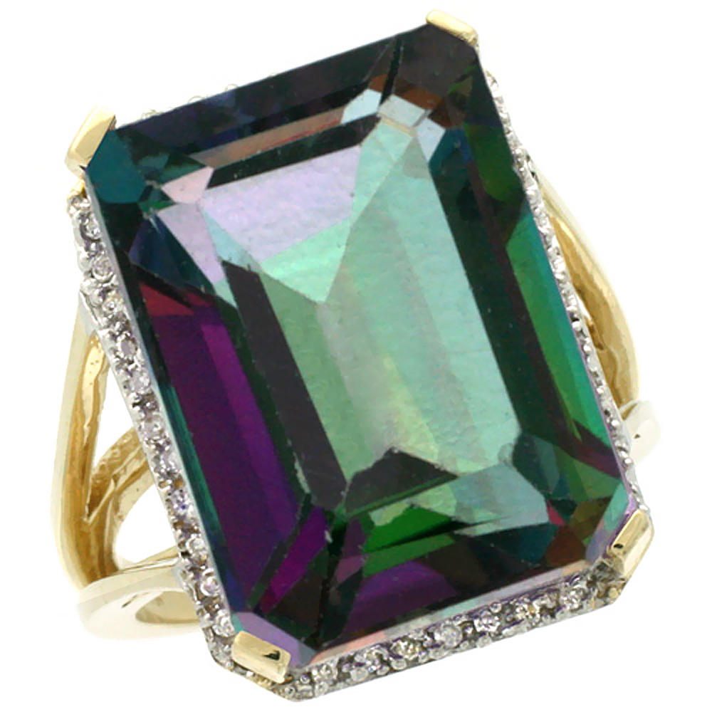 14K Yellow Gold Natural Diamond Mystic Topaz Ring Emerald-cut 18x13mm, sizes 5-10