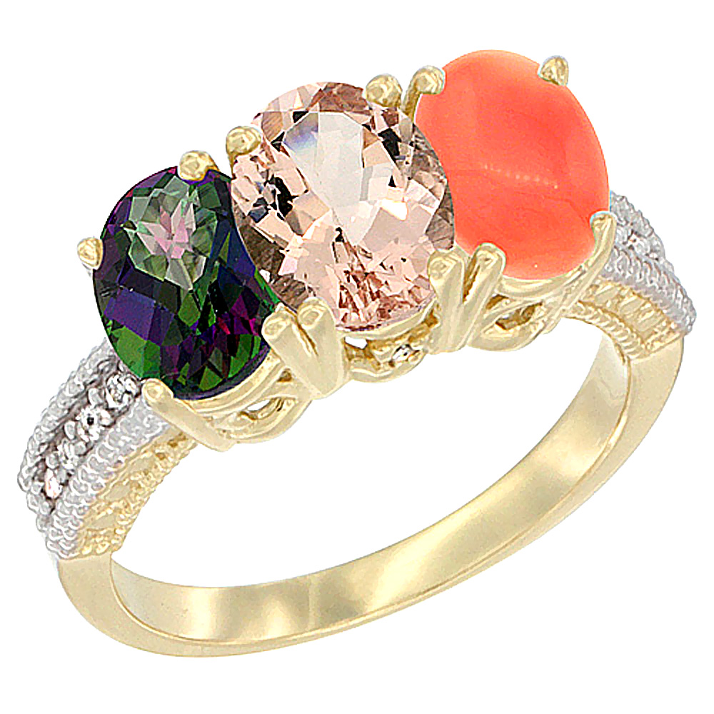 14K Yellow Gold Natural Mystic Topaz, Morganite &amp; Coral Ring 3-Stone 7x5 mm Oval Diamond Accent, sizes 5 - 10