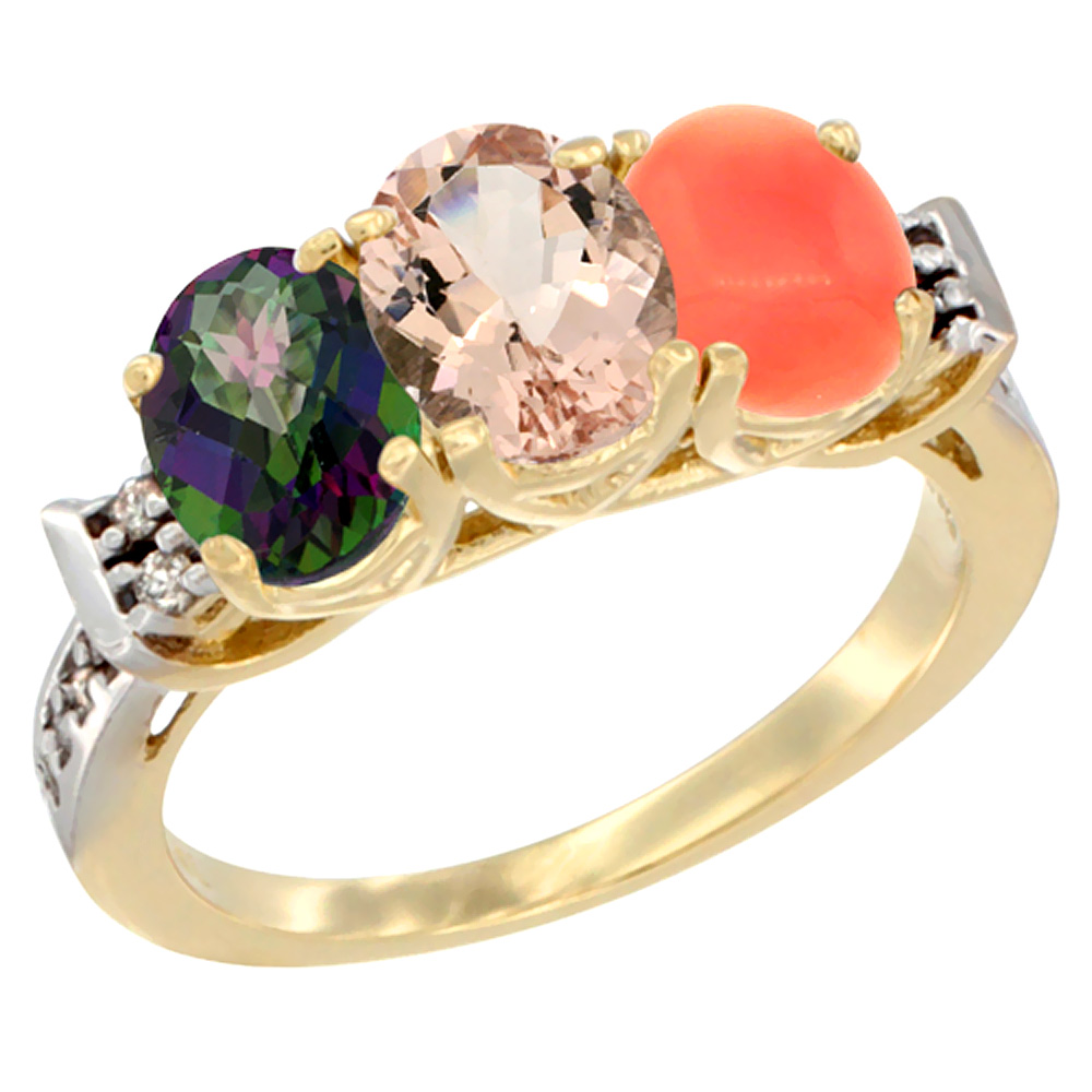 10K Yellow Gold Natural Mystic Topaz, Morganite & Coral Ring 3-Stone Oval 7x5 mm Diamond Accent, sizes 5 - 10