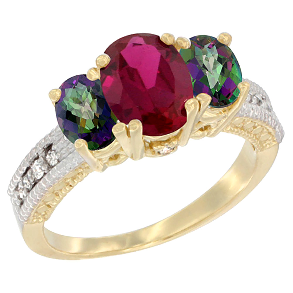 14K Yellow Gold Diamond Enhanced Ruby Ring Oval 3-stone with Mystic Topaz, sizes 5 - 10