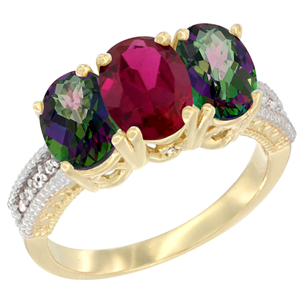 10K Yellow Gold Diamond Enhanced Ruby &amp; Natural Mystic Topaz Ring 3-Stone 7x5 mm Oval, sizes 5 - 10
