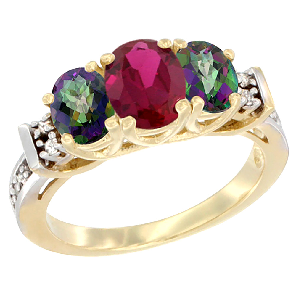 14K Yellow Gold Enhanced Ruby &amp; Natural Mystic Topaz Ring 3-Stone Oval Diamond Accent
