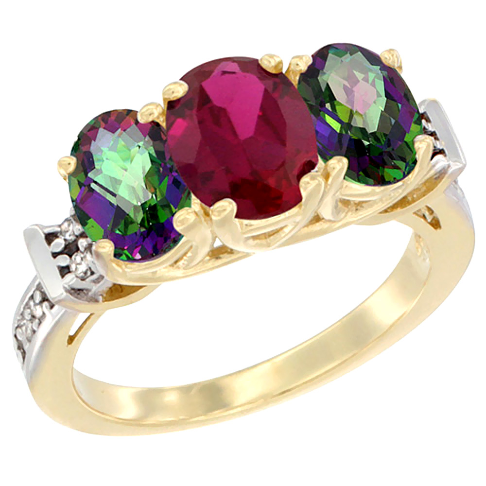 14K Yellow Gold Enhanced Ruby & Mystic Topaz Sides Ring 3-Stone Oval Diamond Accent, sizes 5 - 10