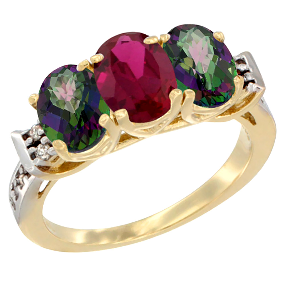 10K Yellow Gold Enhanced Ruby & Natural Mystic Topaz Sides Ring 3-Stone Oval 7x5 mm Diamond Accent, sizes 5 - 10